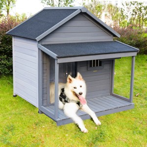 LAOTIES Large Outdoor Dog House with Porch,Weatherproof Wood Dog Kennel,Asphalt Roof,Removable Floor - 1 of 4