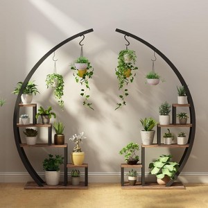 Acekool 5-Tier Half Moon Plant Stand, 2-Pack Tall Metal Plant Shelf with Hooks, Space-Saving Indoor Flower Rack for Living Room, Balcony, Black - 1 of 4