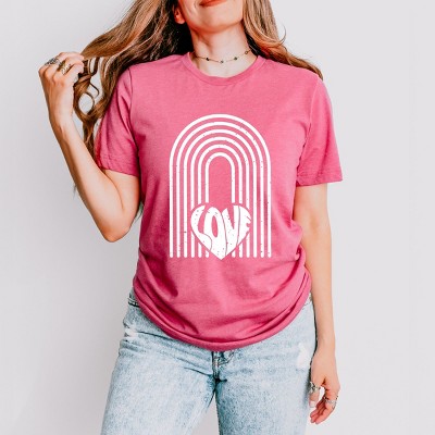 Simply Sage Market Rainbow Love Heart Distressed Short Sleeve Tee - XL - Raspberry