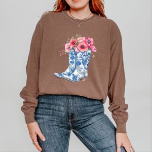 Simply Sage Market Cowboy Boots Floral Garment Dyed Long Sleeve - 1 of 4