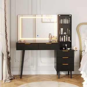 48" Makeup Vanity with 36" Mirror and Light, 3 Color Modes, Glass Top Dressing Table with 5 Drawers, 3 Shelves and Built-in Outlets for Bedroom - 1 of 4