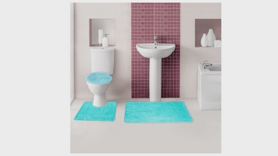 Turquoise Plush Polyester 3-Piece Bath Rug Set