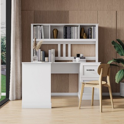 White L-Shaped Computer Desk with Hutch and Filing Cabinet