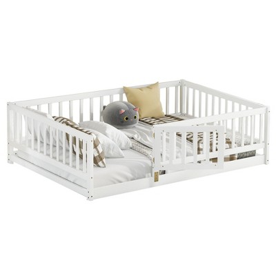 Okak Full Montessori Floor Bed Frame with Safety Fence and Door, Solid Wood Children's Floor Bed Frame for Kids Girls Boys Easy to Assemble, White
