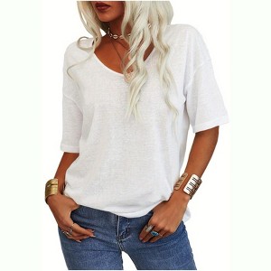 Imily Bela Women's Casual V Neck Half Sleeve Oversized T Shirt Solid Color Basic Top - 1 of 4