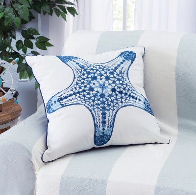 Blue Starfish Embroidered Square Indoor/Outdoor Throw Pillow
