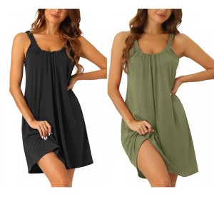 cheibear Women's Sleeveless Elastic Wide Strap Large Hem Short Nightgown 2 Pcs - 1 of 4