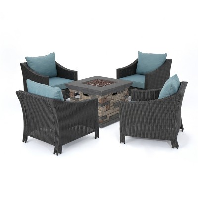 Christopher Knight Home Antibes Outdoor Wicker 5 Piece Club Chair and Fire Pit Set with Cushions, Teal/Gray