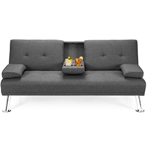 Costway Convertible Folding Futon Sofa Bed Fabric w/2 Cup Holders Light Gray/Dark Gray - 1 of 4