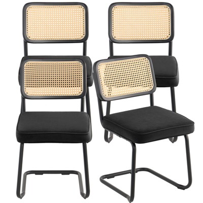 VEVOR Rattan Dining Chairs Set of 4, Mid Century Modern Dining Chair, Upholstered Velvet Accent Chair with Rattan Back,  (18.1 Inch) Yellow+Black