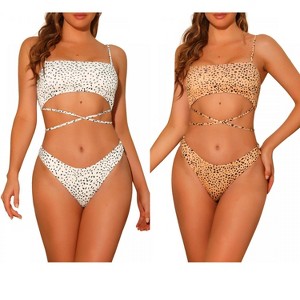 Elerevyo Women's Irregular Polka Dots Bandeau Lace-up Adjustable Spaghetti Straps Swimwear Bathing Suits 2 Sets - 1 of 4