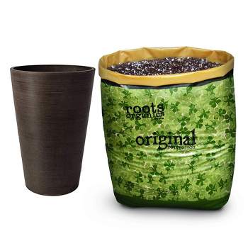 Algreen Valencia 12 x 18 Inch Round Taper Recycled Planter Pot, Chocolate with Roots Organics ROD Gardening Coco Fiber Potting Soil, 1.5 Cubic Feet