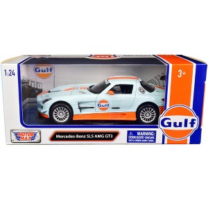 Mercedes Benz SLS AMG GT3 with "Gulf" Livery Light Blue with Orange Stripe 1/24 Diecast Model Car by Motormax - 1 of 3