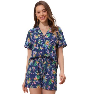 Allegra K Women's Floral Tropical Vacation Beach Hawaiian Button Down Shirt and Short Set - 1 of 4