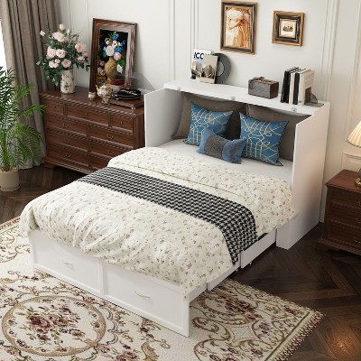 FUFU&GAGA White Full Size Murphy Bed Cabinet Dresser Bed Drawer Convert into Cube Cabinet with USB & Power Outlets, Hidden Foldable Bed Frame Dresser