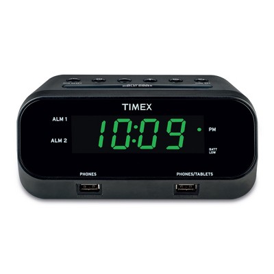 Timex Alarm Clock with 2 USB Charging Ports – Black (T129)