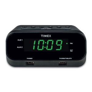 Timex Alarm Clock with 2 USB Charging Ports – Black (T129) - 1 of 2