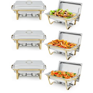 6-Piece Stainless Steel Rectangular Chafing Dish Set with Gold Trim - Single Compartment Food Warmers for Buffets, Catering, Weddings & Home Parties - 1 of 4