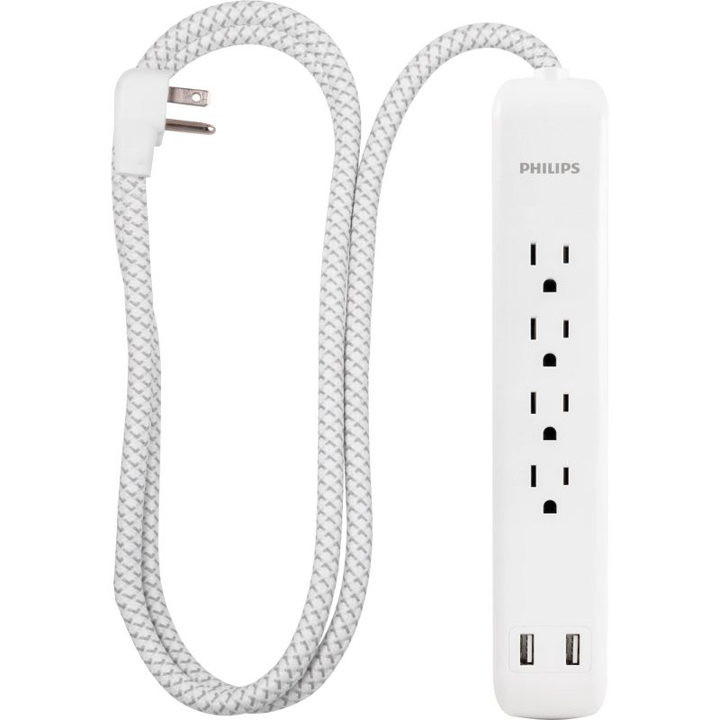 Philips 4-Outlet Surge / 2 USB-A 720 Joules 4&#39; Braided Cord - White, 1 of 9