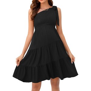Coolmee Women's Summer Maternity Mini Dress One Shoulder Sleeveless Knot Short Dress Tiered Flowy Sundress - 1 of 4