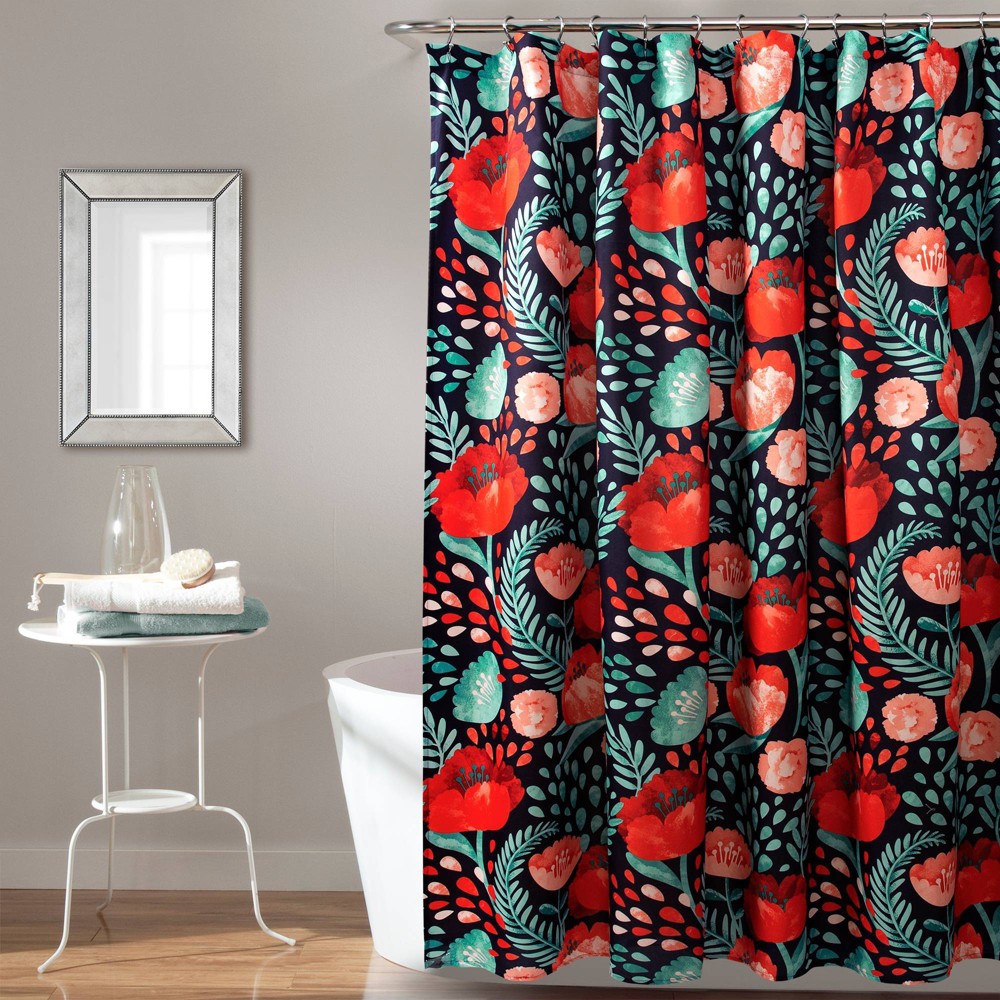 Photos - Shower Curtain Poppy Garden  Navy/Red - Lush Décor