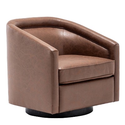 Walnut Faux Leather Swivel Barrel Chair with Metal Base