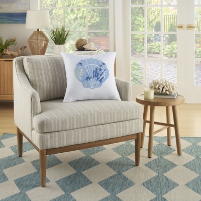White and Blue Seashell Print 18" Square Throw Pillow