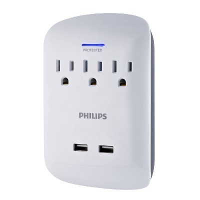 Philips 3-Outlet 2 USB Port Surge Protector Wall Tap, White