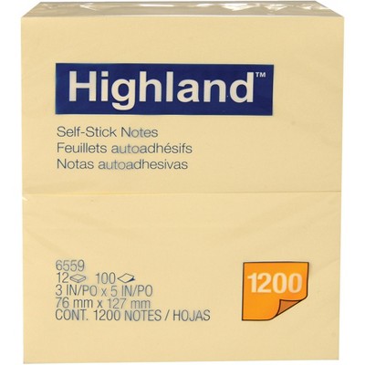 Highland Self-Stick Notes, 3 x 5 inches, Yellow, Pad of 100 Sheets, pk of 12 Pads