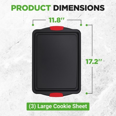 Large Black Carbon Steel Non-Stick Cookie Sheet Set with Red Silicone Handles