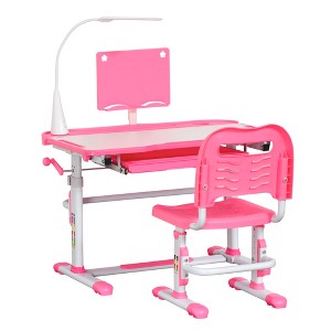 Qaba Kids Desk and Chair Set, Height Adjustable School Study Table and Chair, Student Writing Desk with Tilt Desktop, LED Lamp, Pen Box, Drawer, Reading Board, Cup Holder, and Pen Slots - 1 of 4