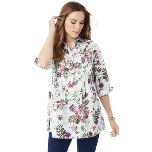 Roaman's Women's Plus Size Pleated Stretch-Poplin Tunic - 1 of 4