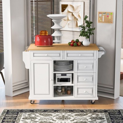 Kitchen Island with Storage, 52.8'' Rolling Kitchen Cart with Drawers & Towel Rack, Mobile Kitchen Island On Wheels For Dining Room Kitchen