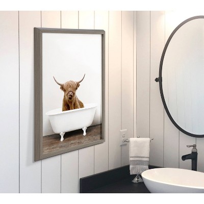 Gray Framed Highland Cow and Bears in Tub Wall Art Set