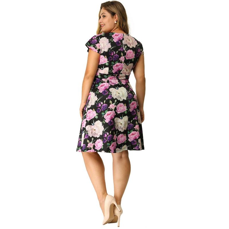 Agnes Orinda Women's Plus Size Regular Fit Deep V Neck Above Knee Cap Sleeve Floral Dress, 6 of 8