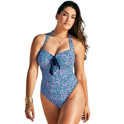 Swimsuits For All Women's Plus Size Tie Front Halter One Piece, 8 - Blue  Purple Pebble : Target