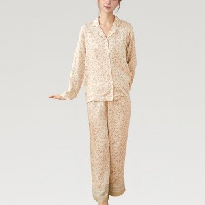 Anna-Kaci Lounge Women's Satin Botanical Print Pajama Set with Long Sleeve Button Top and Contrast Hem Pants - 1 of 4
