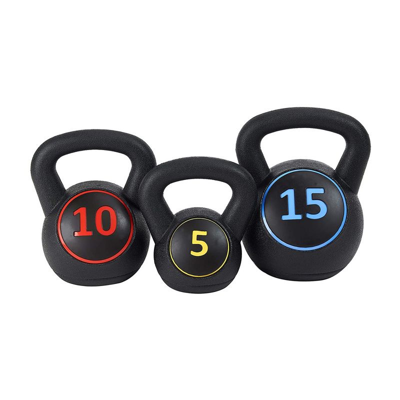 BalanceFrom Set of 3 Vinyl Ergonomic Wide Kettlebell Exercise Workout Fitness Weights for Balance and Strength Training, 5, 10, and 15 Pounds, Black, 1 of 7