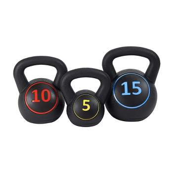 BalanceFrom Set of 3 Vinyl Ergonomic Wide Kettlebell Exercise Workout Fitness Weights for Balance and Strength Training, 5, 10, and 15 Pounds, Black