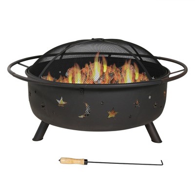 Sunnydaze Outdoor Camping or Backyard Steel Round Cosmic Fire Pit with Spark Screen, Log Poker, and Wood Grate - 42" - Black