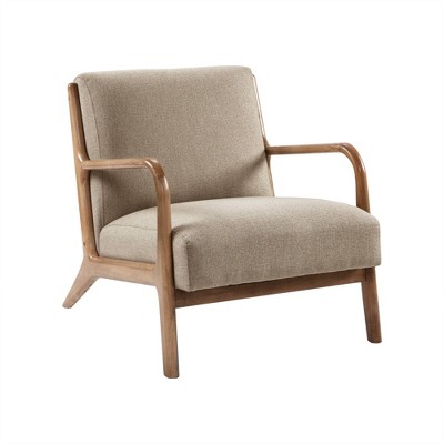 Taupe Upholstered Elm Wood Mid-Century Lounge Chair