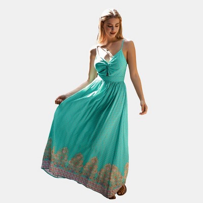 Women's Aqua Boho Floal Sweetheart Twist & Keyhole Maxi Dress - Cupshe