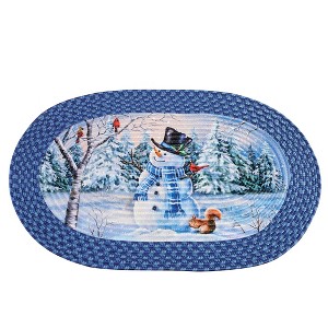 Collections Etc Winter Woodland Scene and Smiling Snowman Braided Accent Rug 30" x 19.5" - 1 of 2