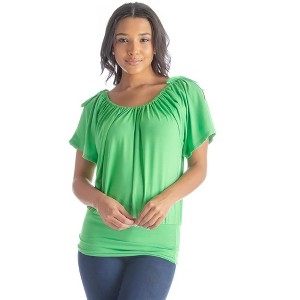 24seven Comfort Apparel Womens Solid Color Short Sleeve Split Shoulder Top - 1 of 4