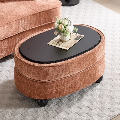 Oval Storage Ottoman with Removable Tray, Multifunctional Chenille Upholstered Storage Coffee Table - ModernLuxe
