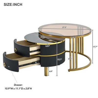 Round Black and Gold Marble Glass Nesting Coffee Table Set with Storage