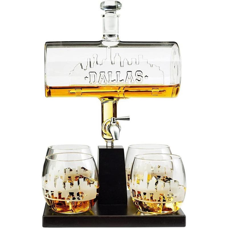 The Wine Savant Dallas Design Whiskey & Wine Decanter Set Includes 4 Dallas Design Whiskey Glasses, Unique Addition to Home Bar - 1100 ml, 2 of 7
