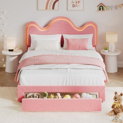Bed Frame with LED Headboard and Under-Bed Drawer,Metal Upholstered Platform Bed with LED Light for Kids,Lamb Fleece Fabric,No Box Spring Needed