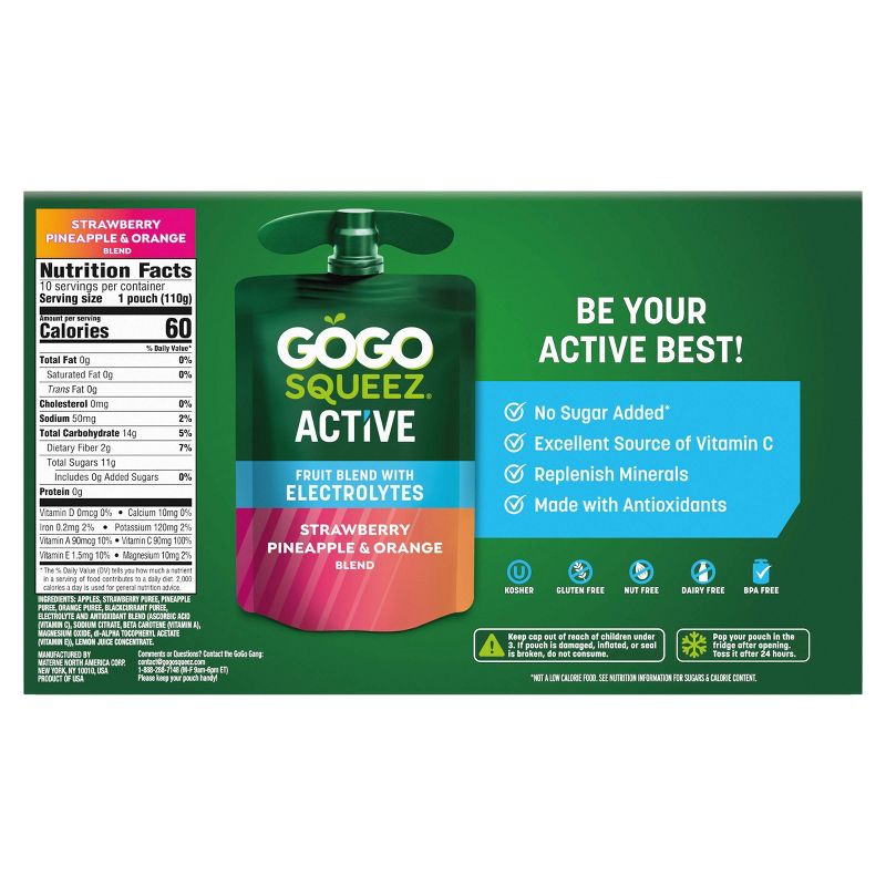GoGo SqueeZ Active Strawberry Pineapple &#38; Orange Fruit Blend Variety Pack - 2.42oz, 4 of 12
