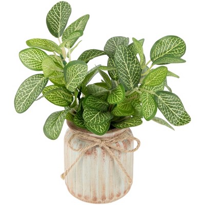 8" Green and White Faux Spring Foliage in Fluted Ceramic Pot